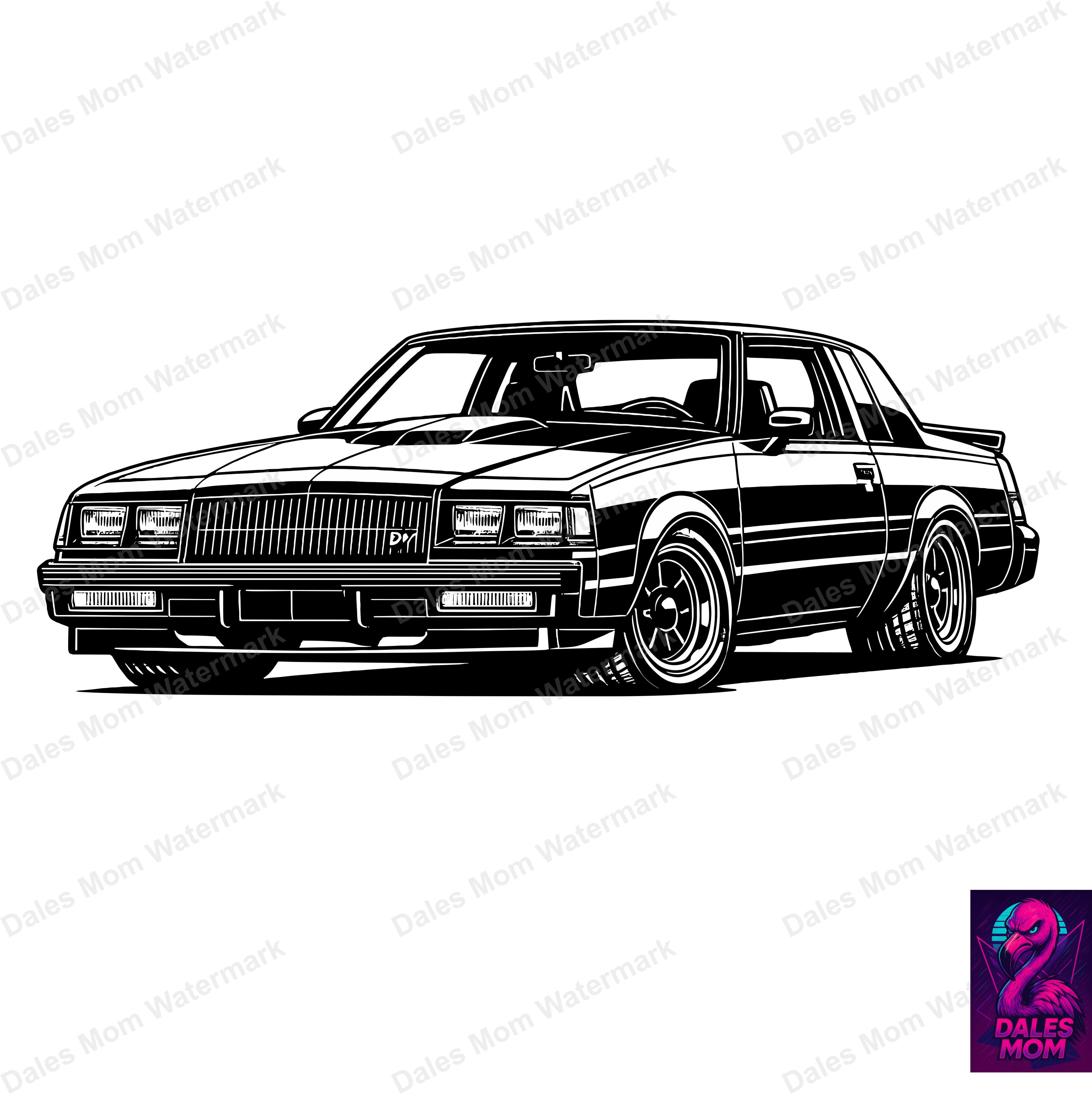 1987 Buick Grand National black and white vector illustration by Dale's Mom Design featuring a driver-side front three-quarter view on a transparent background.