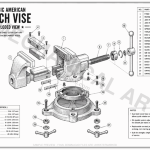 Classic American bench vise exploded technical illustration showing a detailed engineering drawing with numbered parts, vintage drafting style, and workshop wall art design.