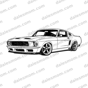 1967 Mustang Fastback Restomod Vector Art — SVG, PNG and PDF Digital Download — Classic Muscle Car Line Art for Cricut, Laser Cutting & DIY Crafts black and white vector artwork with dalesmom.com preview watermark