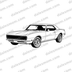 1968 Chevrolet Camaro Rally Sport Vector Art — SVG, PNG and PDF Digital Download — Classic Stock Muscle Car Line Art for Cricut, Laser Cutting, Garage Art & DIY Crafts black and white vector artwork with dalesmom.com preview watermark