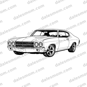 1970 Chevrolet Chevelle Vector Clipart — SVG, PNG and PDF Digital Download — Classic Muscle Car Line Art for Cricut, Laser Cutting, Stickers & Crafts black and white vector artwork with dalesmom.com preview watermark