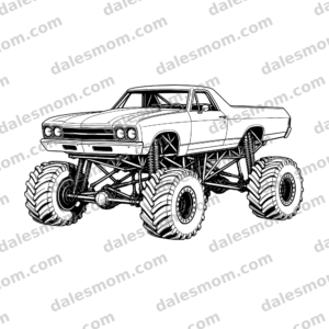 1970 Chevrolet El Camino monster truck vector showing a quad-headlight front end, open bed, massive tires, and exposed suspension in front three-quarter view