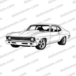 1973 Chevrolet Nova two-door street machine vector art with cowl hood, lowered stance, five-spoke wheels, and wide rear tires