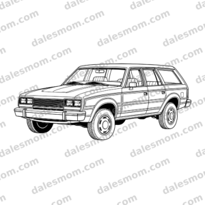Black-and-white vector artwork of a 1984 AMC Eagle Limited four-door 4WD wagon from a front driver-side three-quarter view, showing its squared roof, woodgrain side panels, raised stance, and full wheel covers.