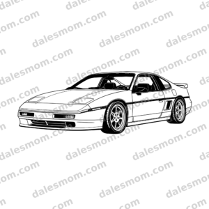 1987 Pontiac Fiero GT fastback vector artwork in front three-quarter view with pop-up headlights, side intake, rear spoiler, and lowered stance with dalesmom.com preview watermark