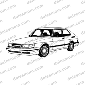 Black-and-white vector artwork of a 1988 Saab 900 Turbo SPG three-door hatchback in front driver-side three-quarter view