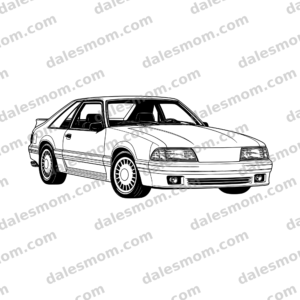 1990 Ford Mustang GT Fox Body Vector Clipart — SVG, PNG and PDF Digital Download — Classic Muscle Car Line Art for Cricut, Laser Cutting, Stickers & Crafts black and white vector artwork with dalesmom.com preview watermark