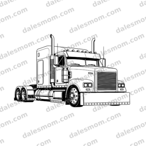 Black-and-white vector artwork of a customized 1990 Mack CH sleeper-cab semi tractor from a low front three-quarter angle, with twin stacks and polished wheels