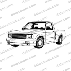 1991 GMC Syclone Truck Vector Clipart — SVG, PNG and PDF Digital Download — Classic Performance Pickup Line Art for Cricut, Laser Cutting, Stickers & Crafts black and white vector artwork with dalesmom.com preview watermark