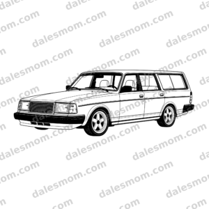 Black-and-white vector artwork of a lowered 1993 Volvo 240 five-door wagon with five-spoke wheels, shown from the front driver-side three-quarter view.