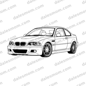 2003 BMW M3 E46 coupe vector art from a low front three-quarter angle with widened fenders, power-dome hood, double-spoke wheels, and quad exhausts