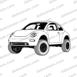 2003 Lifted Volkswagen New Beetle Vector Art — SVG, PNG and PDF Digital Download — Off-Road Bug Line Art for Cricut, Laser Cutting, Stickers & Crafts black and white vector artwork with dalesmom.com preview watermark