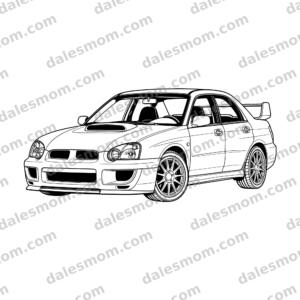 2004 Subaru Impreza WRX STI Vector Clipart — SVG, PNG and PDF Digital Download — JDM Rally Car Line Art for Cricut, Laser Cutting, Stickers & Crafts black and white vector artwork with dalesmom.com preview watermark