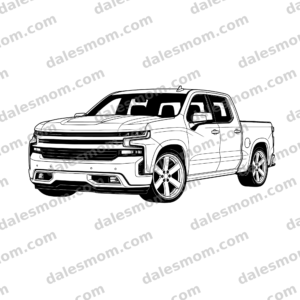 2023 Chevrolet Silverado 1500 RST Pickup Vector Art — SVG, PNG and PDF Digital Download — Chevy Truck Line Art for Cricut, Laser Cutting & DIY Crafts black and white vector artwork with dalesmom.com preview watermark