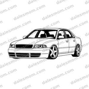 Audi B5 S4 SVG, PNG, PDF & DXF — Classic Twin-Turbo Sedan Vector Digital Download for Cricut, Laser Cutting, Garage Wall Art & DIY Crafts black and white vector artwork with dalesmom.com preview watermark