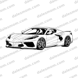 Corvette C8 Stingray Vector Clipart — SVG, PNG and PDF Digital Download — Sports Car Line Art for Cricut, Laser Cutting, Stickers & Crafts black and white vector artwork with dalesmom.com preview watermark