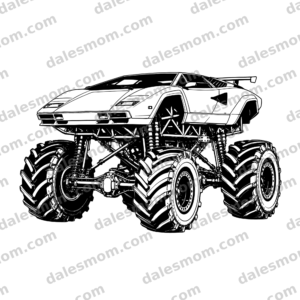 Black-and-white Lamborghini Countach monster truck vector with wedge body, rear wing, exposed suspension, and oversized agricultural tires