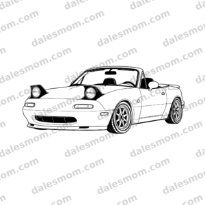 1990–1993 Mazda MX-5 Miata NA roadster vector art with raised pop-up headlights, top down, lowered stance, and eight-spoke wheels