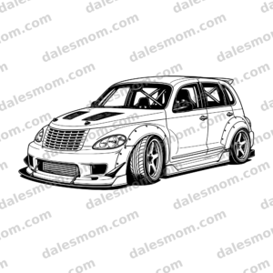 PT Cruiser Drift Car Vector Art — SVG, PNG and PDF Digital Download — Custom Tuner Car Line Art for Cricut, Laser Cutting, Garage Wall Art & DIY Crafts black and white vector artwork with dalesmom.com preview watermark