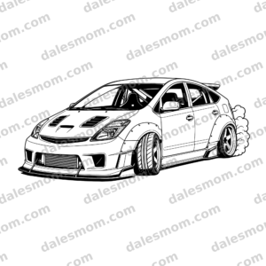 2004–2009 Toyota Prius XW20 drift-style vector artwork with widebody, deep wheels, countersteer, and tire smoke