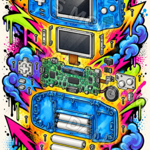 Game Boy Advance–Inspired Exploded View Tattoo Art – Graffiti New School – Retro Gaming Digital Download full-color watermarked featured image