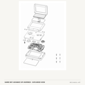 Game Boy Advance SP inspired exploded view mechanical art digital download