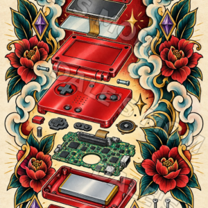 Game Boy Advance SP–Inspired Exploded View Tattoo Art – Neo Traditional – Retro Gaming Digital Download full-color watermarked featured image