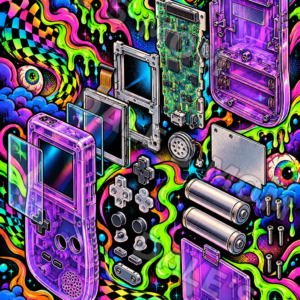 Game Boy Color–Inspired Exploded View Tattoo Art – Psychedelic UV – Retro Gaming Digital Download full-color watermarked featured image