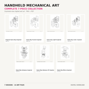 Complete seven-piece Game Boy inspired exploded view mechanical art digital bundle