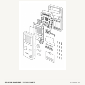 Classic handheld game system exploded view mechanical art digital download
