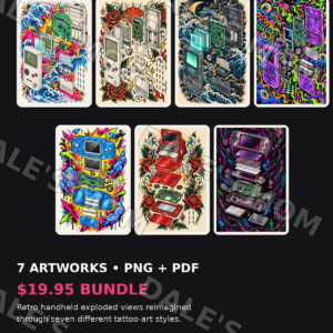 Complete Game Boy inspired handheld tattoo art collection seven-piece digital bundle