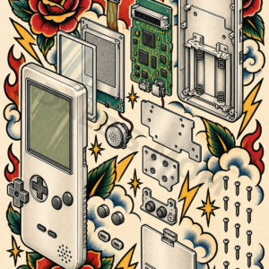 Game Boy Pocket inspired exploded view american traditional tattoo art digital download