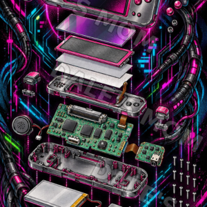 Game Boy Micro–Inspired Exploded View Tattoo Art – Neon Cyberpunk – Retro Gaming Digital Download full-color watermarked featured image