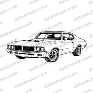 1970 Buick GSX black-and-white vector line art from a low front three-quarter angle with dual hood scoops and quad headlights