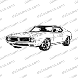 1971 AMC Javelin AMX low front three-quarter vector line art with five-spoke wheels and fastback roofline