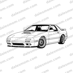 1988 Mazda RX-7 FC lowered sports coupe vector line art in a low front three-quarter view with pop-up headlights and deep period wheels