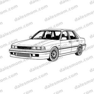 Black-and-white vector line art of a lowered 1991 Mitsubishi Galant VR-4 four-door sedan with period multi-spoke wheels and subtle intercooler detail