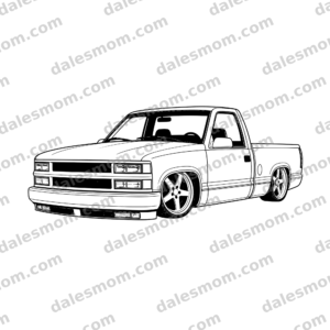 Black-and-white vector line art of a lowered 1994 Chevrolet C1500 regular-cab short-bed OBS pickup with five-spoke wheels