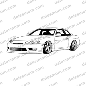 Black-and-white 1997 Lexus SC300 vector line art with low stance, subtle front lip, deep-dish wheels, and smooth JZZ30 coupe proportions