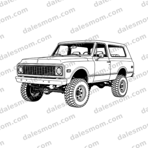 Front three-quarter black-and-white vector line art of a lifted 1972 Chevrolet K5 Blazer with period wheels and all-terrain tires