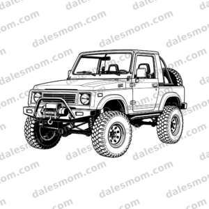 1988 Suzuki Samurai lifted 4x4 trail rig vector line art with oversized mud tires, winch bumper, rock sliders, and rear spare