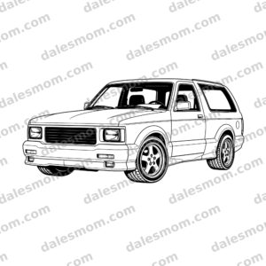 Black-and-white vector line art of a 1991 GMC Typhoon-inspired two-door SUV from a low front three-quarter view with wide tires and period wheels