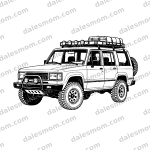 1991 Isuzu Trooper four-door overland SUV vector line art with lift, all-terrain tires, roof rack, auxiliary lights, and rear spare
