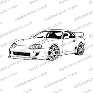 1994 Toyota Supra MK4 A80 coupe vector line art from a low front three-quarter angle with deep six-spoke wheels and rear wing