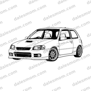 1997 Toyota Starlet Glanza V three-door hatchback vector line art in a low front three-quarter view with compact multi-spoke wheels