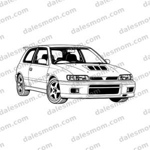 Black-and-white vector line art of a lowered 1990–1994 Nissan Pulsar GTi-R three-door hatchback from a low front three-quarter angle