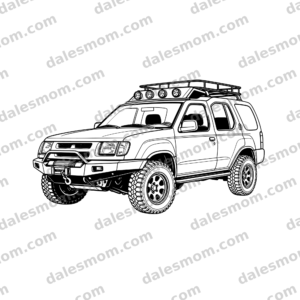 Black-and-white vector line art of a lifted 2001 Nissan Xterra 4x4 with stepped roof, roof basket, winch bumper, auxiliary lights, and all-terrain tires
