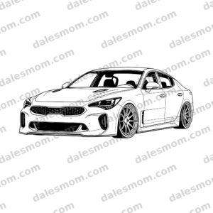 2022 Kia Stinger GT black-and-white vector line art from a low front three-quarter angle with a lowered stance and flush multi-spoke wheels