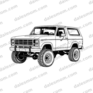 1978 Lifted Ford Bronco Vector Clipart — SVG, PDF, and PNG Digital Download — Classic 4x4 Line Art for Cricut, Laser Cutting, Stickers black and white vector artwork with dalesmom.com preview watermark