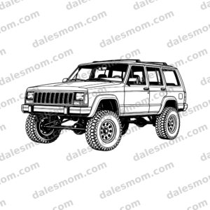 Jeep Cherokee XJ SvG, PnG & PdF — Lifted Off-Road SUV Vector Digital Download for Cricut, Laser Cutting, Garage Wall Art and DIY Crafts black and white vector artwork with dalesmom.com preview watermark